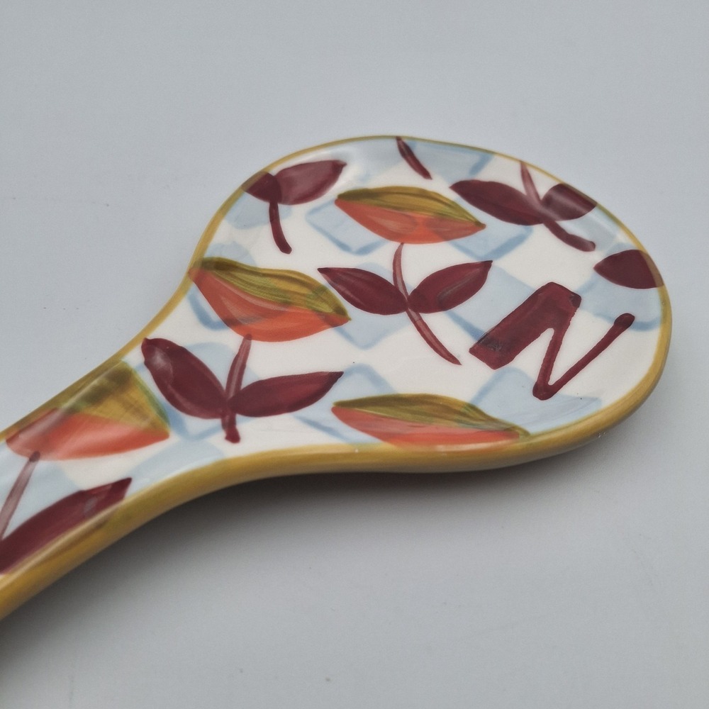 Anthropologie Tivioli Monogram "N" Spoon Rest 8 1/2" Floral Orange Fall